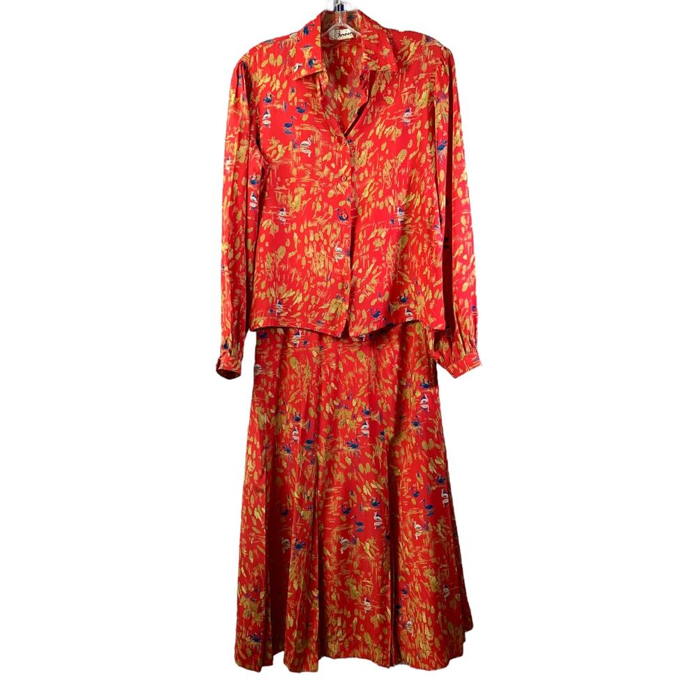 Dana Cote D'Azur Skirt + Blouse Set Womens 10‎ Red 100% Silk Long Sleeve Pleated